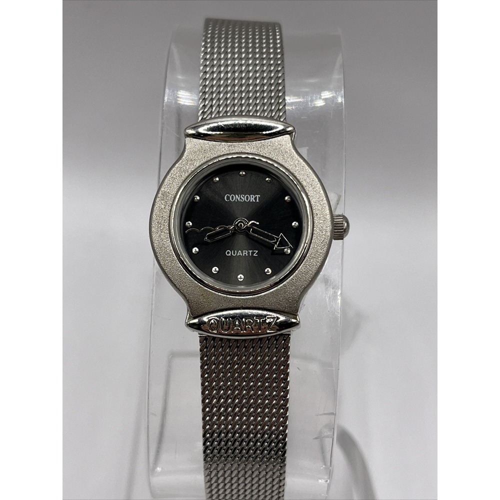 Vintage Consort Watch Silver Charcoal 23mm Dial Mesh Band Quartz New Battery